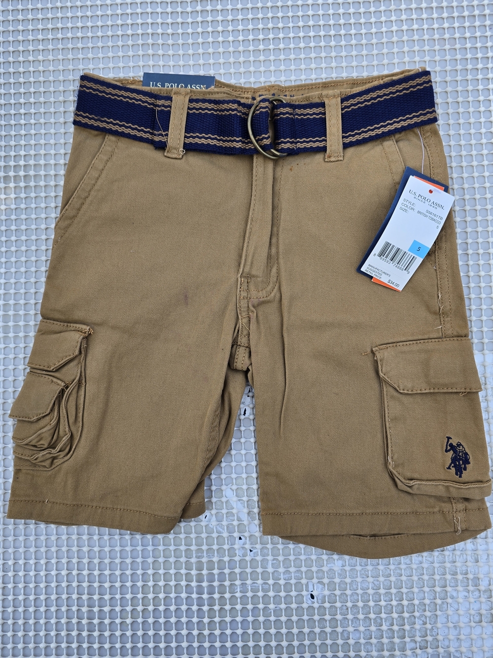 U.S. Polo Assn. Boy's  Khaki Cargo Shorts with Navy Belt Size 5T
